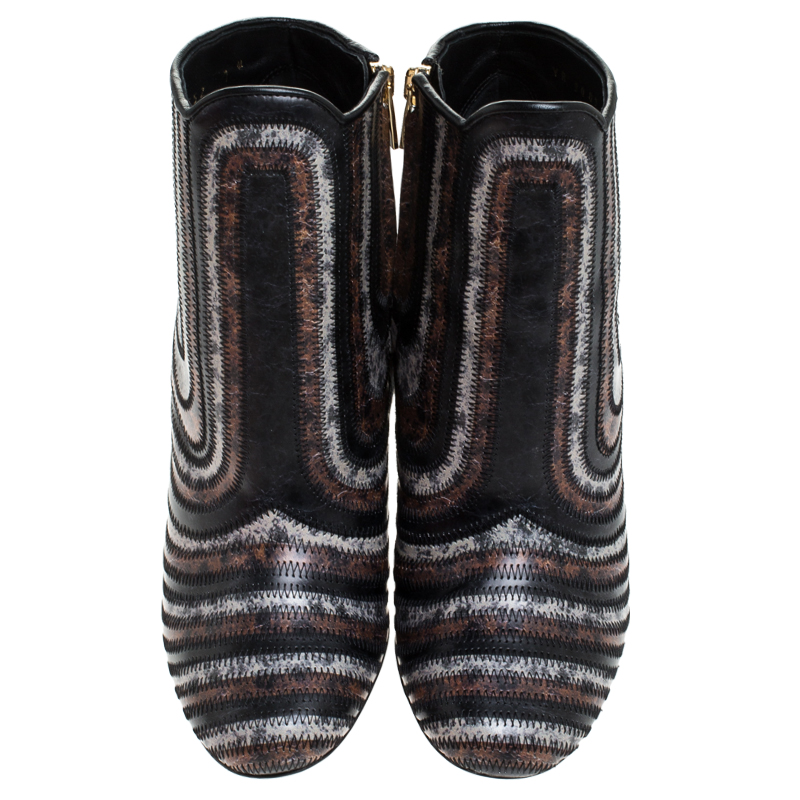 Salvatore Ferragamo Multicolor Leather Feeling Zig Zag Block Heel Ankle Boots Size 37.5 In Brown