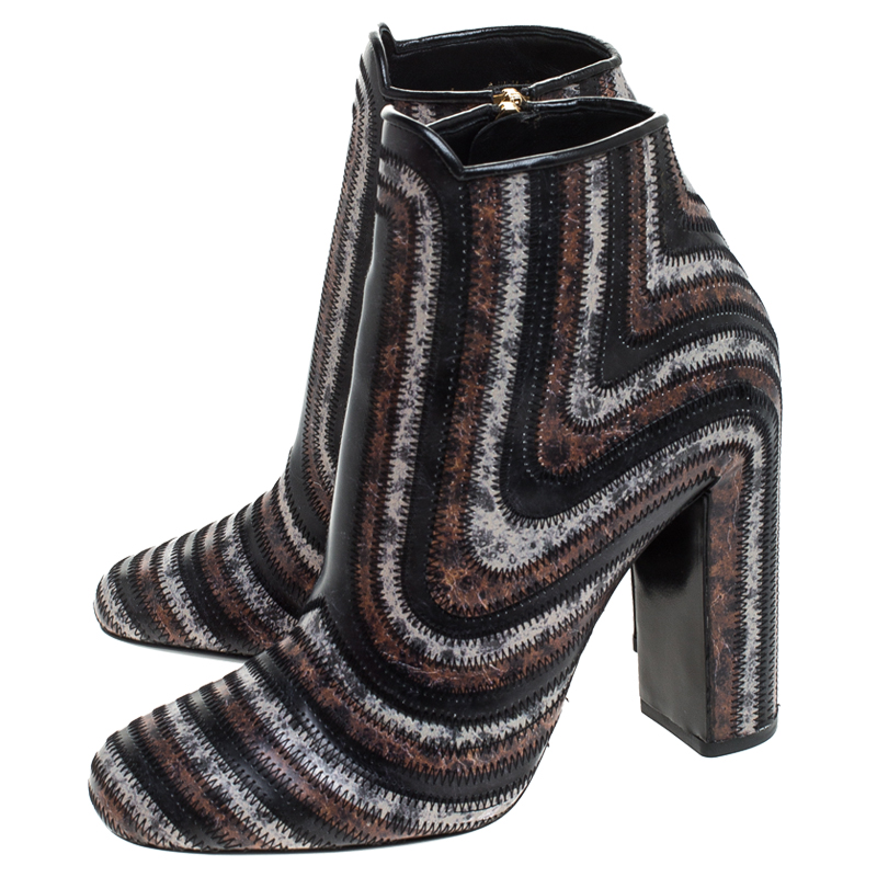 Salvatore Ferragamo Multicolor Leather Feeling Zig Zag Block Heel Ankle Boots Size 37.5 In Brown