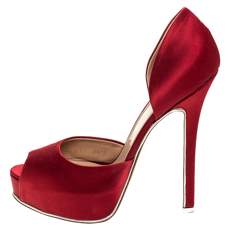 

Salvatore Ferragamo Red Satin Peep Toe Platform D'orsay Pumps Size