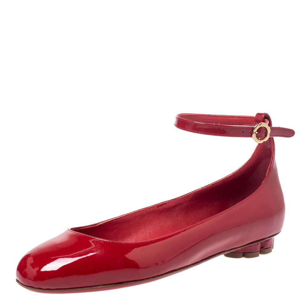 Salvatore Ferragamo Red Patent Leather Cefalu Ankle Strap Ballet Flats Size 36