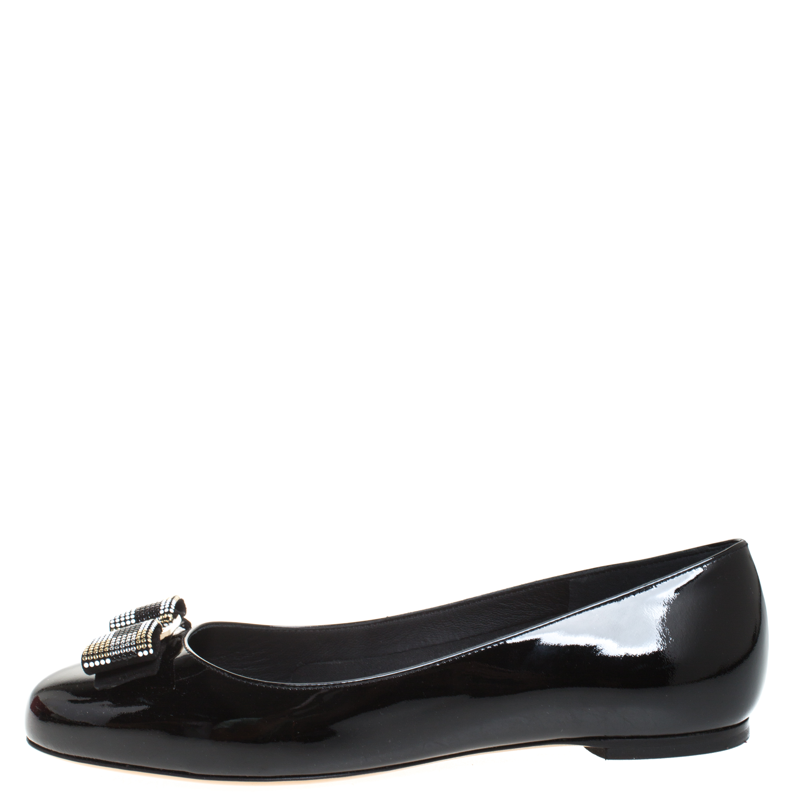 

Salvatore Ferragamo Black Patent Leather Studded Varina Bow Ballet Flats Size