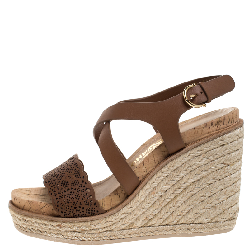 

Salvatore Ferragamo Brown Lazer Cut Leather Gioela Wedge Espadrille Platform Ankle Strap Sandals Size