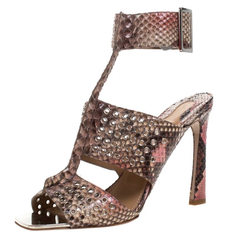 Pre Owned Salvatore Ferragamo Multicolor Python Leather Eyelet Embellished T-Strap Ankle Cuff Sandals Size 39.5