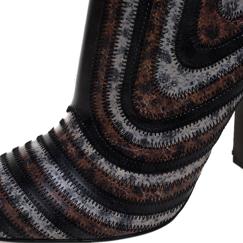 Salvatore Ferragamo Multicolor Leather Feeling Zig Zag Block Heel Ankle Boots Size 39.5 In Black