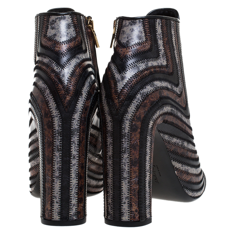 Salvatore Ferragamo Multicolor Leather Feeling Zig Zag Block Heel Ankle Boots Size 39.5 In Black