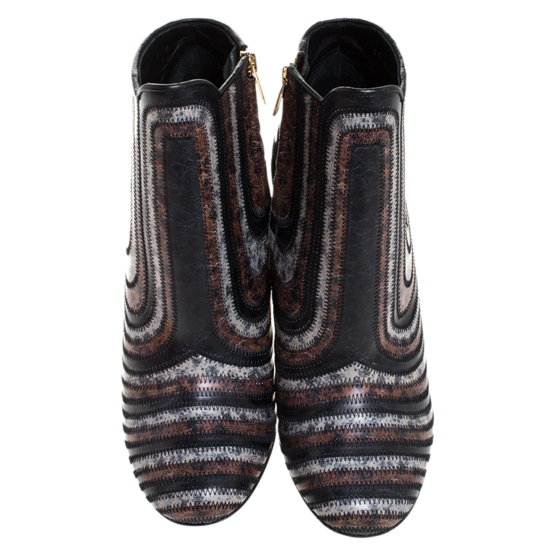 Salvatore Ferragamo Multicolor Leather Feeling Zig Zag Block Heel Ankle Boots Size 39.5 In Black