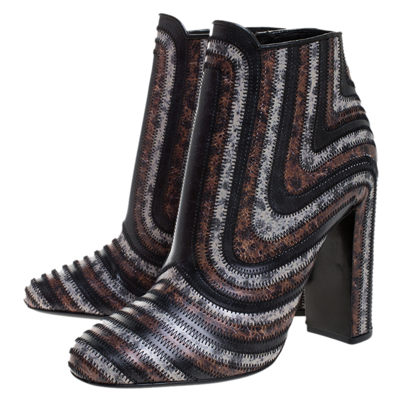 Salvatore Ferragamo Multicolor Leather Feeling Zig Zag Block Heel Ankle Boots Size 39.5 In Black