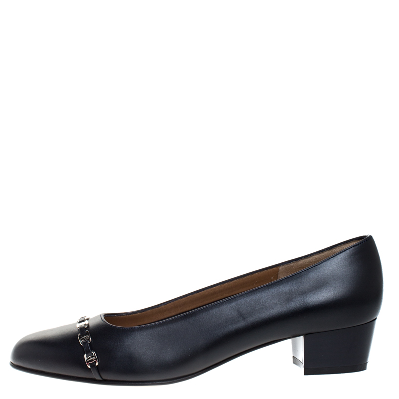 

Salvatore Ferragamo Dark Blue Leather Logo Chain Detail Block Heel Pumps Size