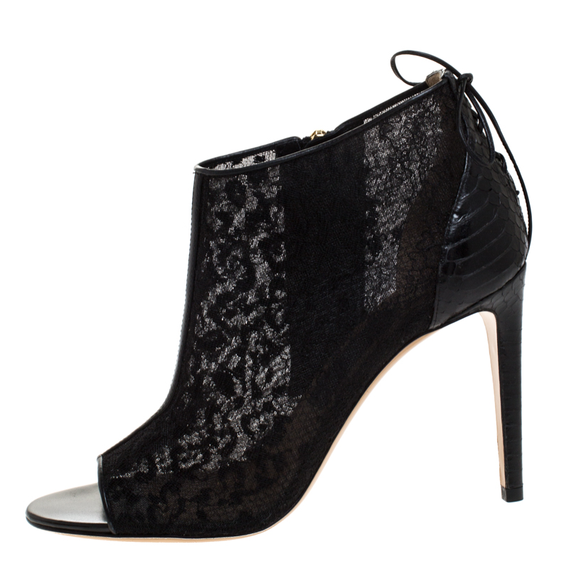 

Salvatore Ferragamo Black Python Trim And Lace Nufus Peep Toe Ankle Boots Size