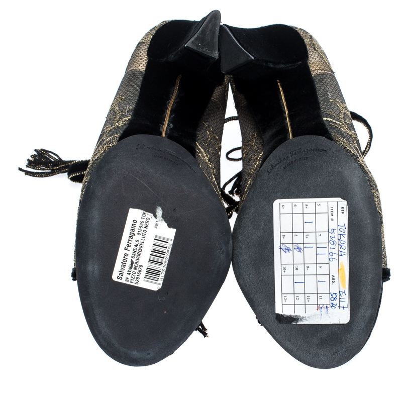 Salvatore Ferragamo Gold Lace And Black Velvet Tokara Ankle Wrap Sandals Size 37.5