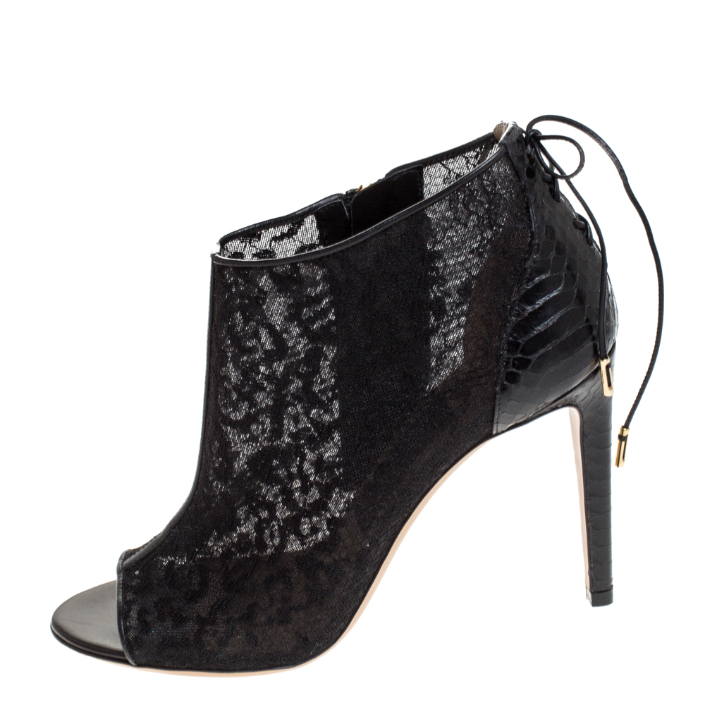 

Salvatore Ferragamo Black Lace and Python Trim Nufus Peep Toe Ankle Boots Size