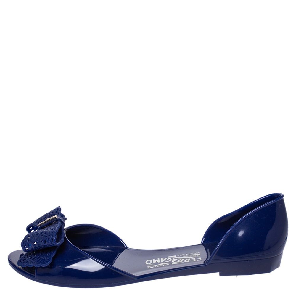 

Salvatore Ferragamo Blue Jelly Barbados Bow Flats Size