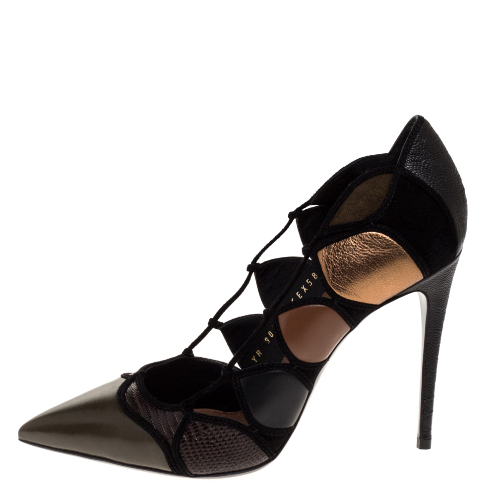 

Salvatore Ferragamo Multicolor Leather And Suede Felisia Pointed Toe Pumps Size