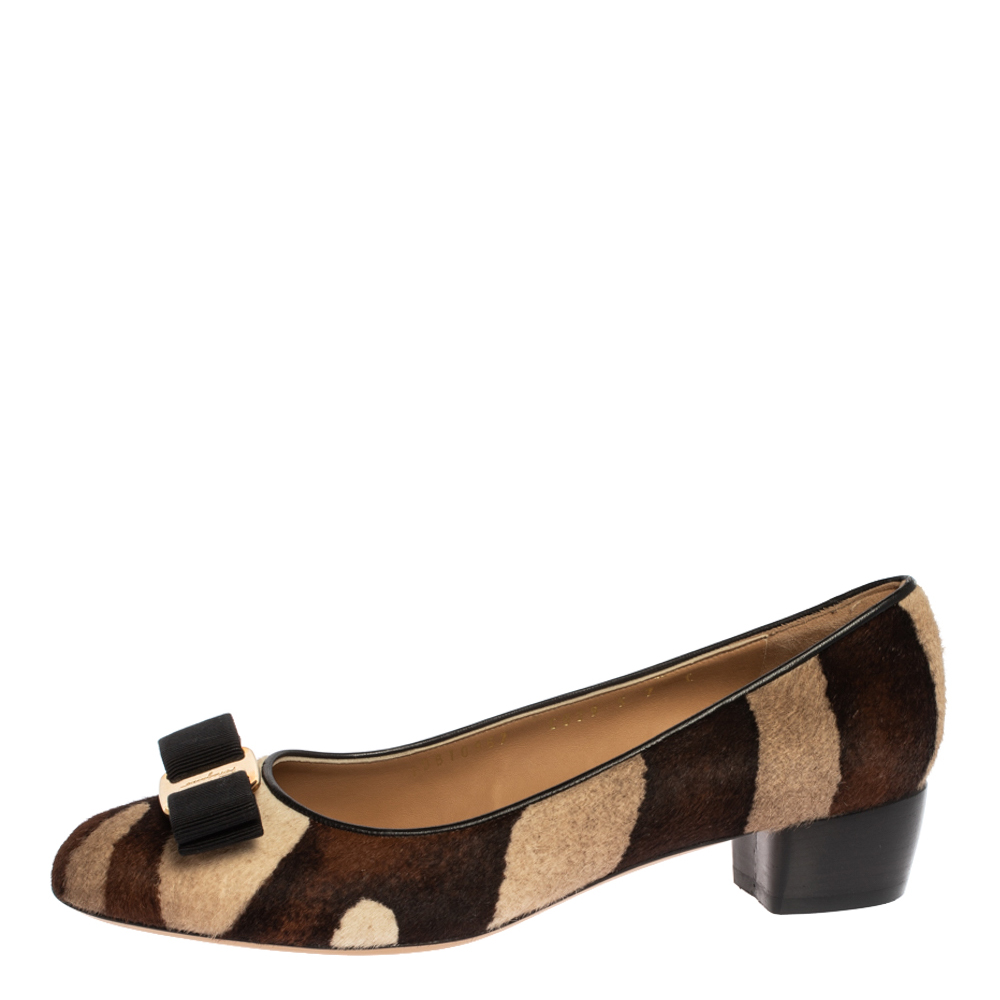 

Salvatore Ferragamo Brown/Beige Pony Hair Vara Bow Pumps Size