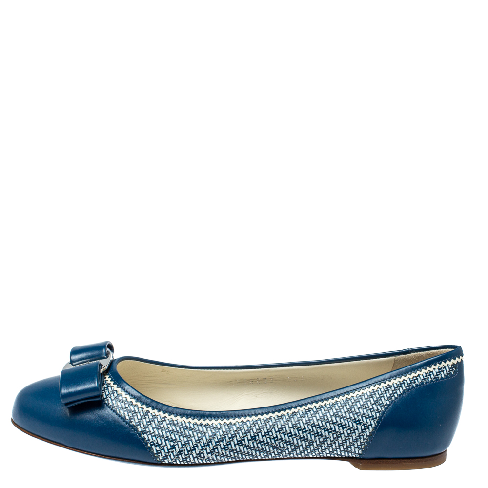 

Salvatore Ferragamo Blue Embossed Textured Leather Vara Bow Ballet Flats Size