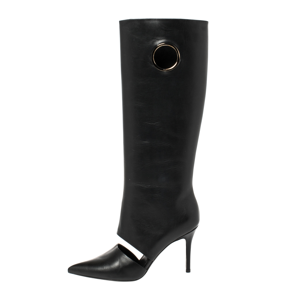 

Salvatore Ferragamo Black Cutout Leather Eyelet Knee Boots Size