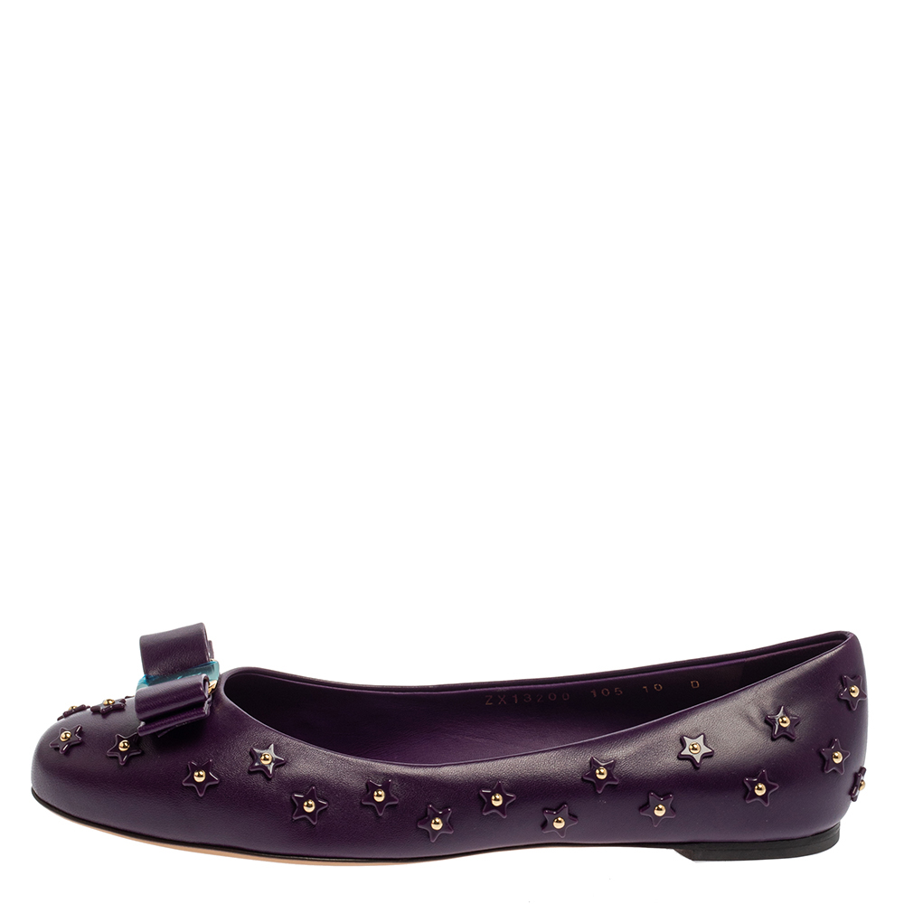 

Salvatore Ferragamo Purple Studded Leather Varina Sky Ballet Flats Size