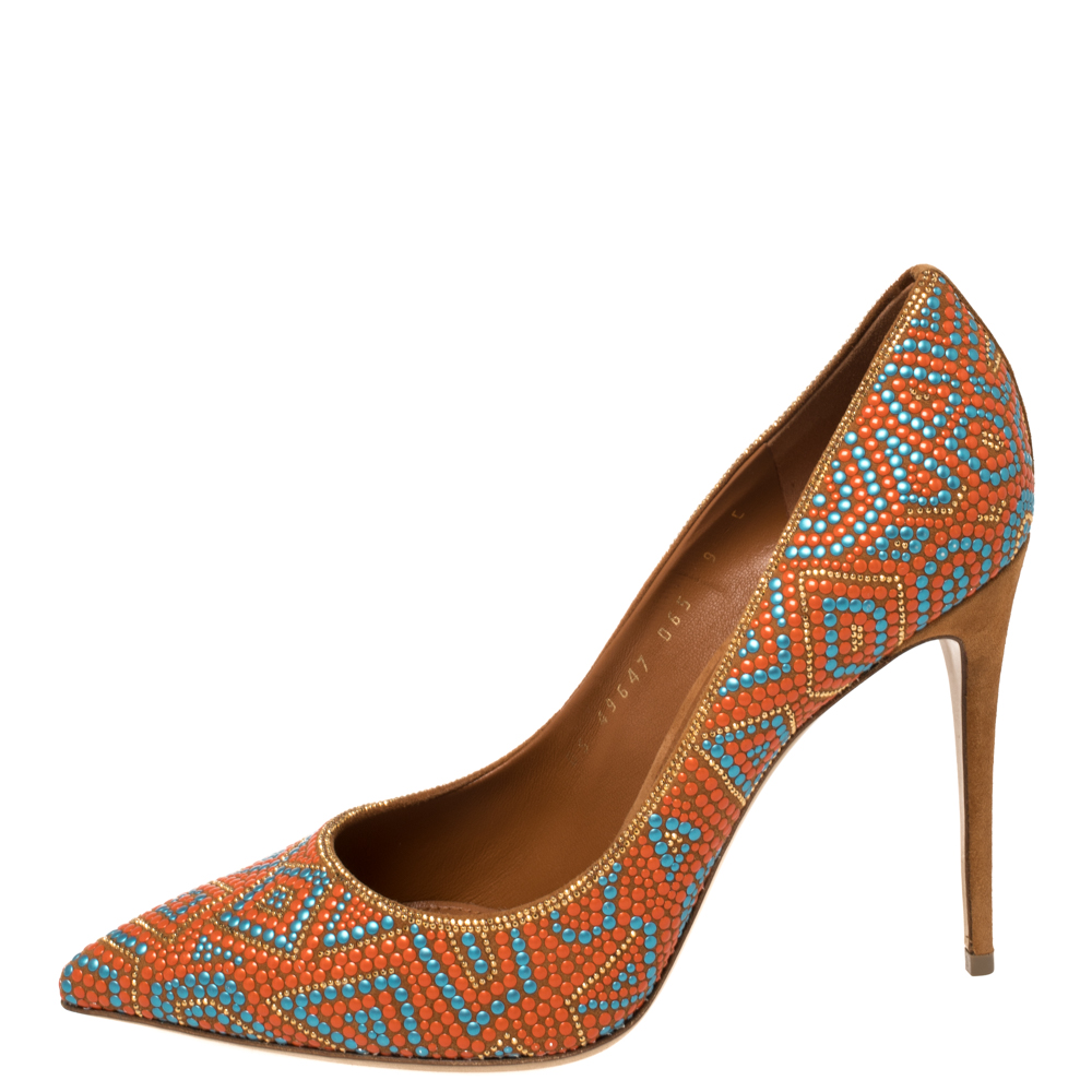 

Salvatore Ferragamo Orange/Blue Beaded Mosaic Fiore Pumps Size