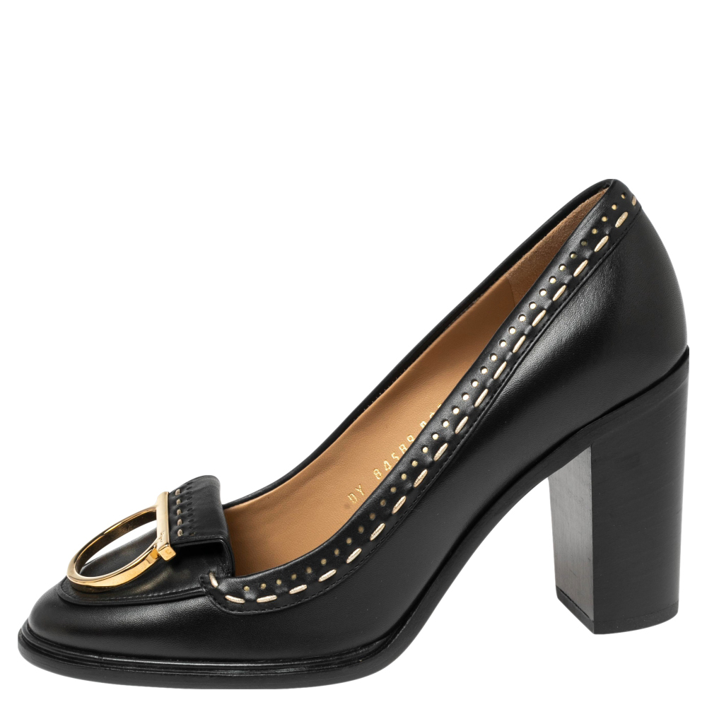 

Salvatore Ferragamo Black Leather Fele Gancio Detail Block Heel Loafer Pumps Size