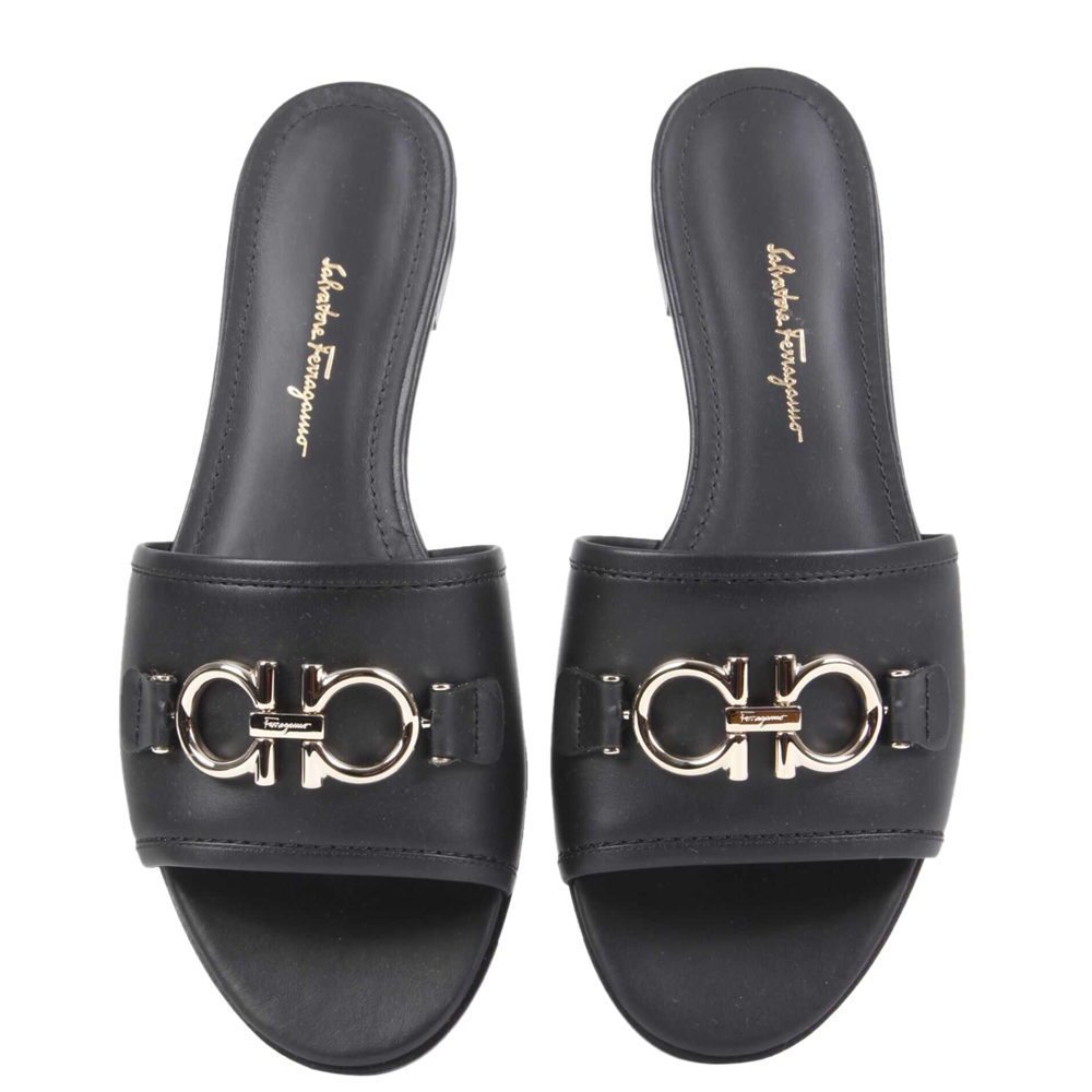 

Salvatore Ferragamo Black Leather Gancini Slide Sandals Size EU  US 7