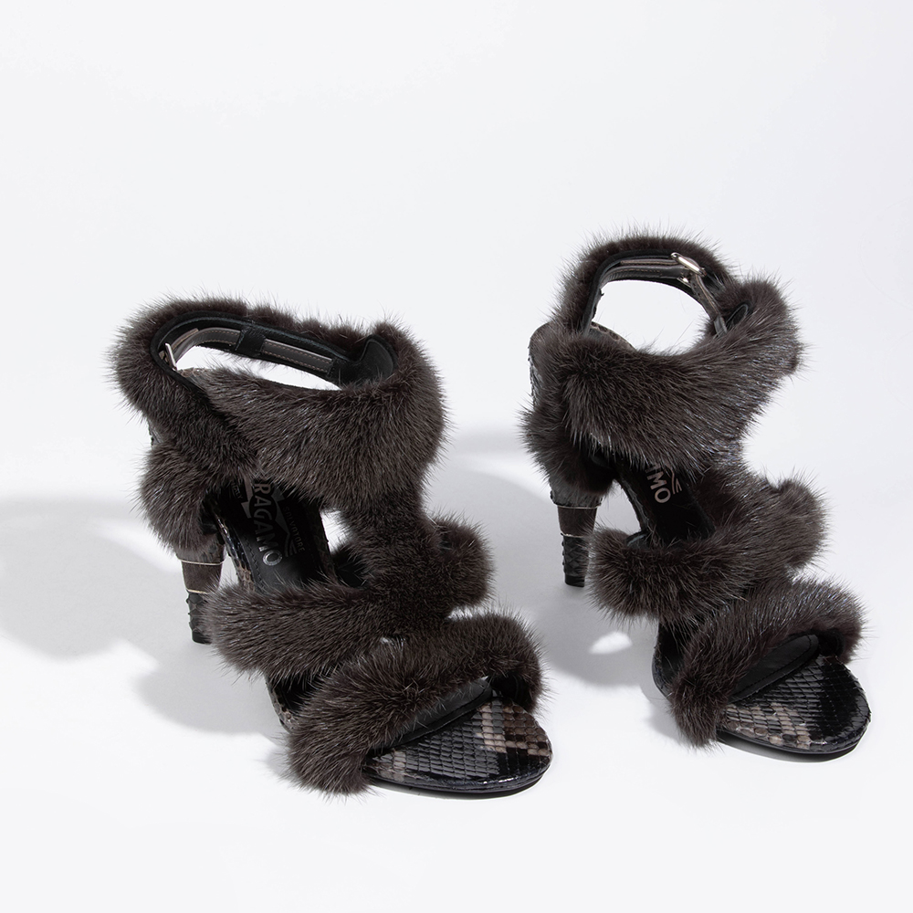 

Salvatore Ferragamo Grey Leather Larix Fur High Heel Sandals Size EU