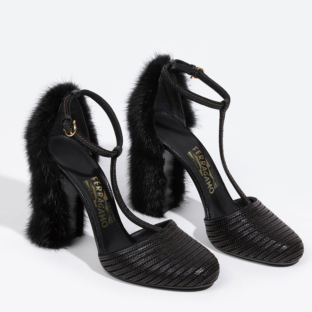 

Salvatore Ferragamo Black Leather, Fur Fergie Heel T-Strap Pumps Size EU