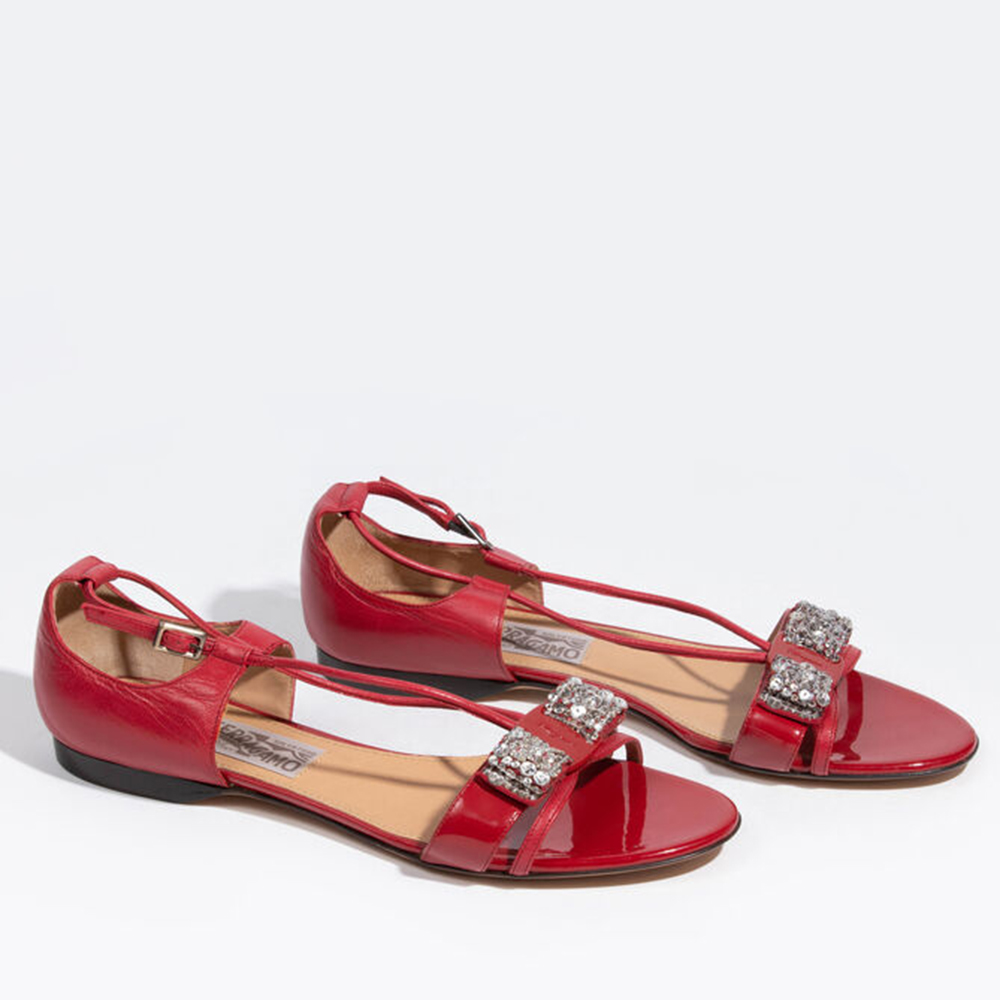 

Salvatore Ferragamo Red Leather Bahamy Crystal Embellished Sandals Size EU