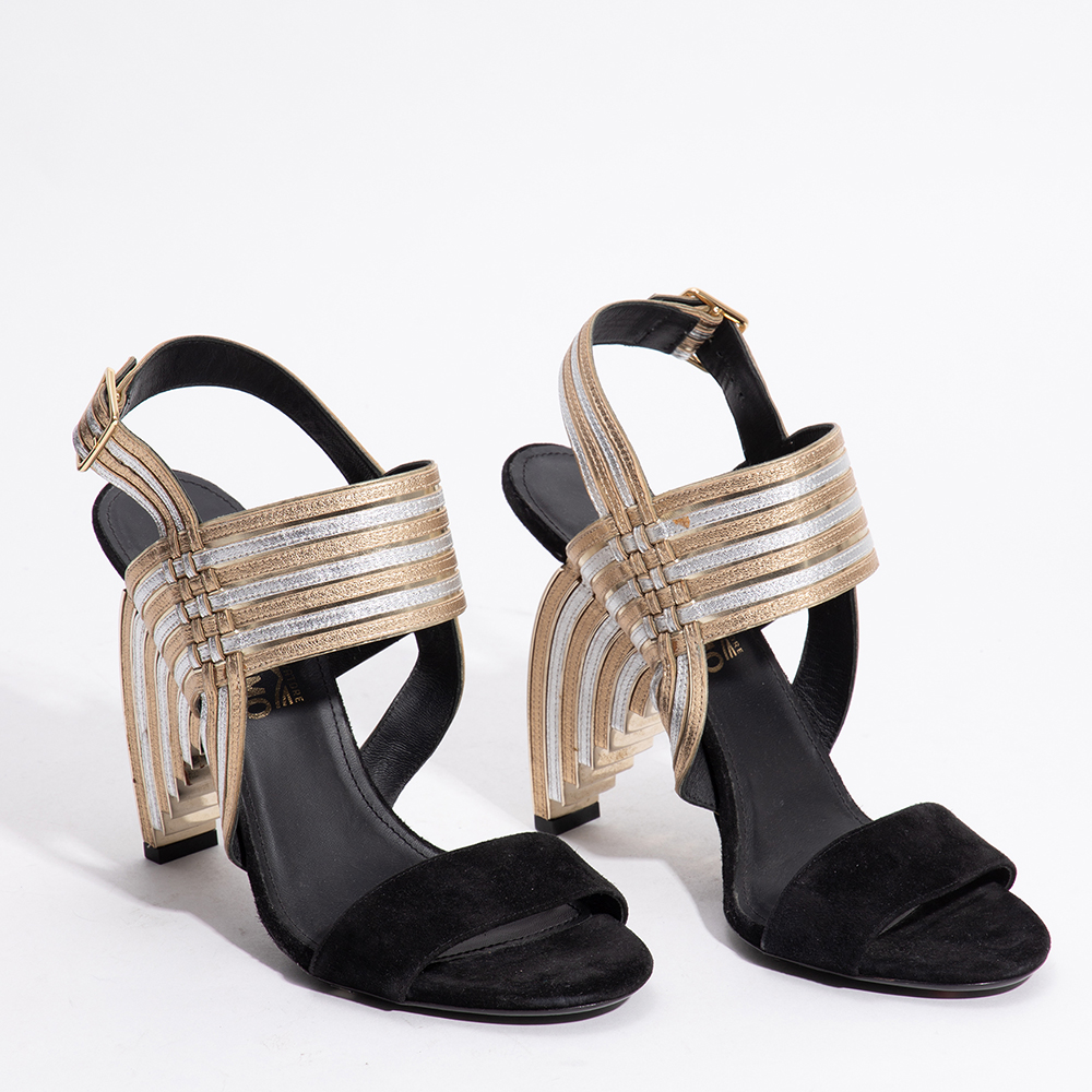 

Salvatore Ferragamo Gold Suede/Leather Lenny Metallic Stripped Sandals Size EU