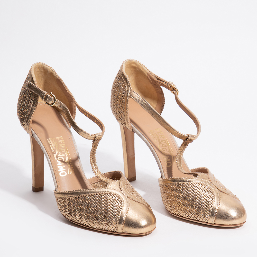 

Salvatore Ferragamo Gold Leather Emanuela T-Strap Pumps Size EU