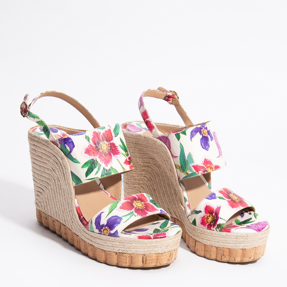 

Salvatore Ferragamo White Leather Floral Print Wedge Sandals Size EU