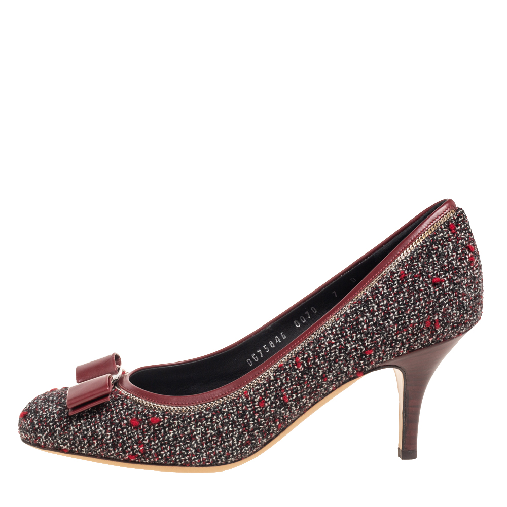 

Salvatore Ferragamo Multicolor Tweed And Leather Carla Vara Bow Pumps Size