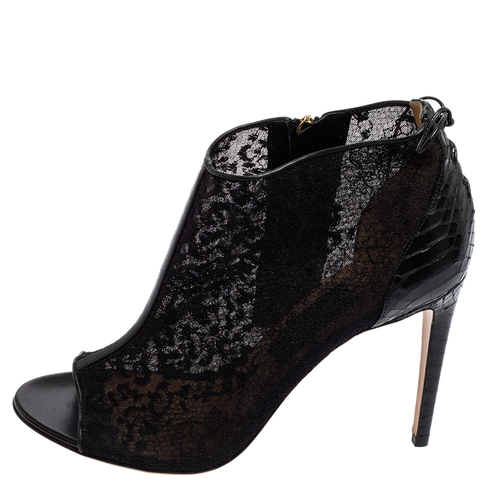 

Salvatore Ferragamo Black Lace And Python Trim Nufus Booties Size