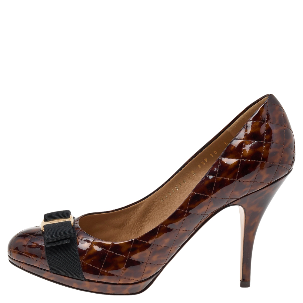 

Salvatore Ferragamo Brown Animal Print Quilted Patent Leather Vara Bow Pumps Size