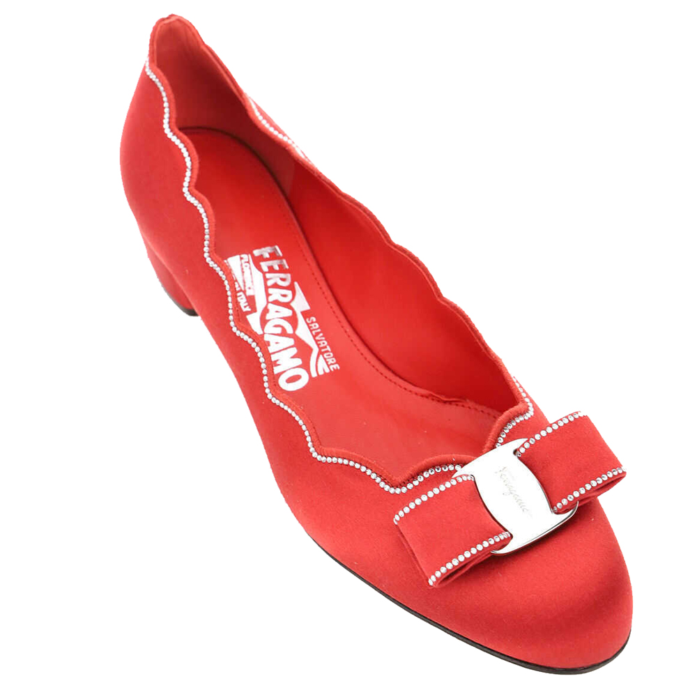 

Salvatore Ferragamo Red Satin Crystal Vara Shell Pumps Size US 5.5 IT