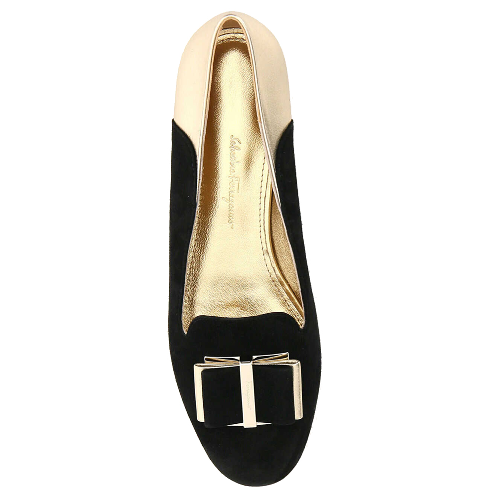 

Salvatore Ferragamo Black/Gold Suede and Leather Hausen 10 Bow-Detail Ballerina Shoes Size US 5.5 IT