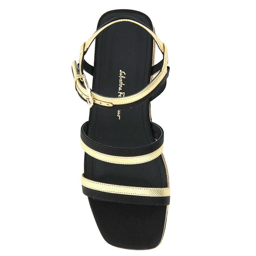 

Salvatore Ferragamo Black/Gold Leather Mysen Platform Sandals Size US 7.5 IT