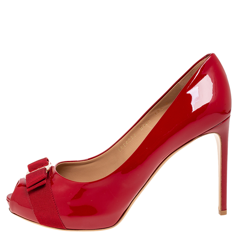 

Salvatore Ferragamo Red Patent Leather Vara Bow Peep-Toe Pumps Size