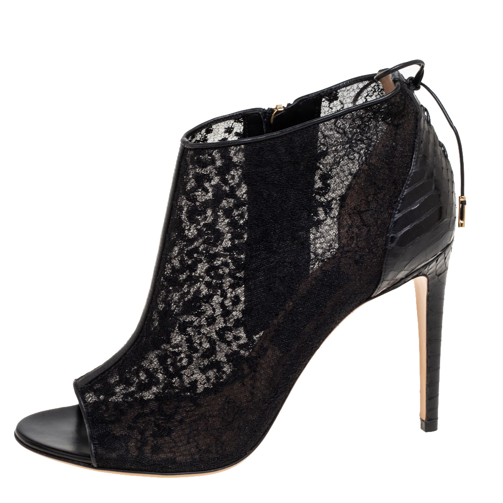 

Salvatore Ferragamo Black Lace and Python Trim Nufus Peep Toe Ankle Boots Size