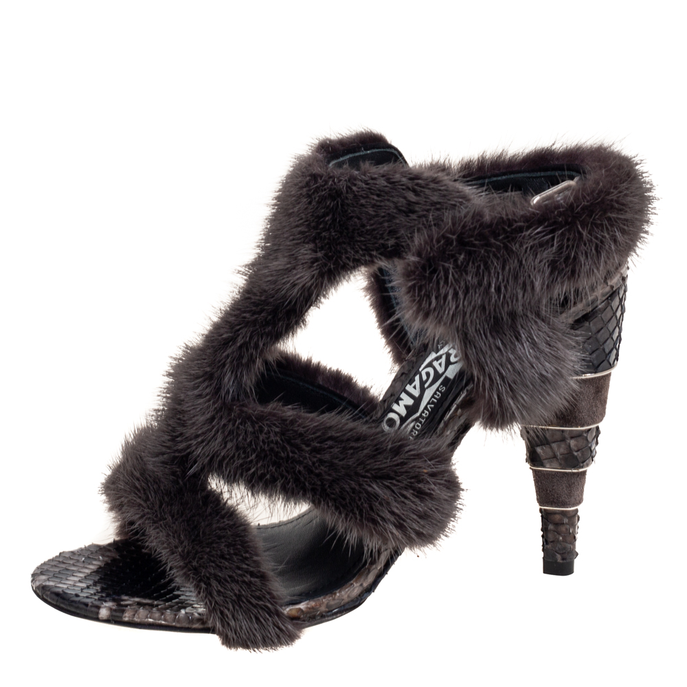 

Salvatore Ferragamo Grey Python And Mink Fur Sandals Size