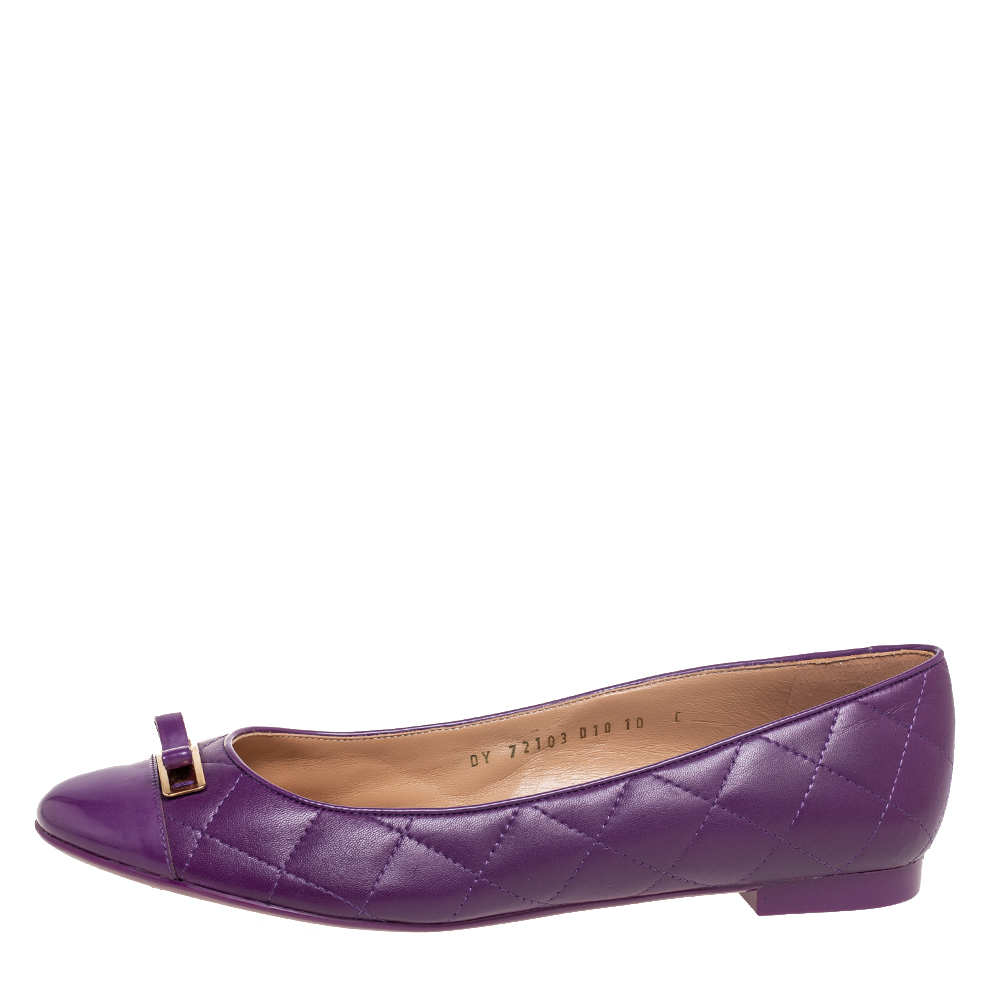 

Salvatore Ferragamo Purple Quilted Leather and Rubber Cap Toe Bow Ballet Flats Size