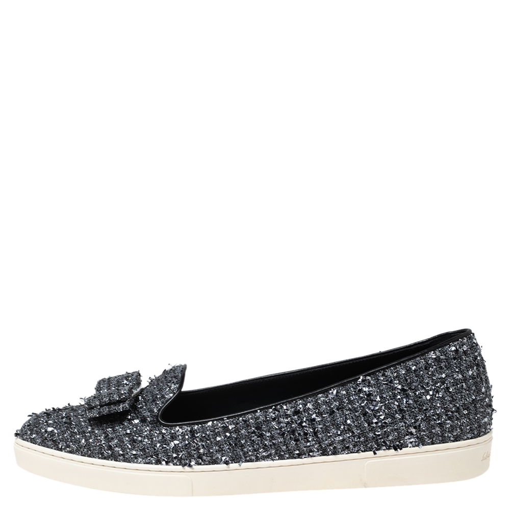 

Salvatore Ferragamo Grey Metallic Tweed Novello Slip-On Sneakers Size