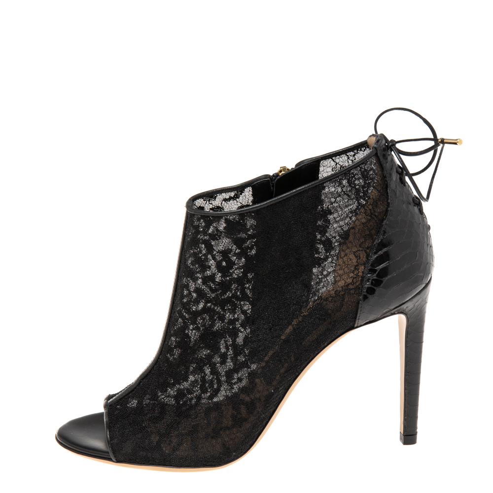 

Salvatore Ferragamo Black Lace and Python Leather Nufus Peep-Toe Ankle Booties Size