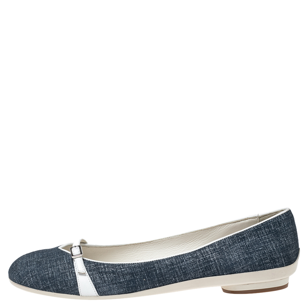 

Salvatore Ferragamo Navy Blue/White Denim and Leather Ballet Flats Size