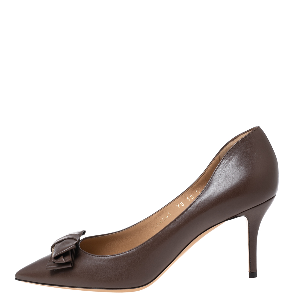 

Salvatore Ferragamo Brown Leather Bow Pointed-Toe Pumps Size