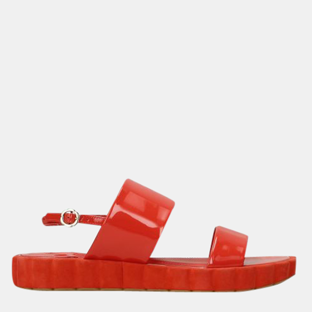 

Salvatore Ferragamo Orange Coral Patent Leather Sandals Size US 9