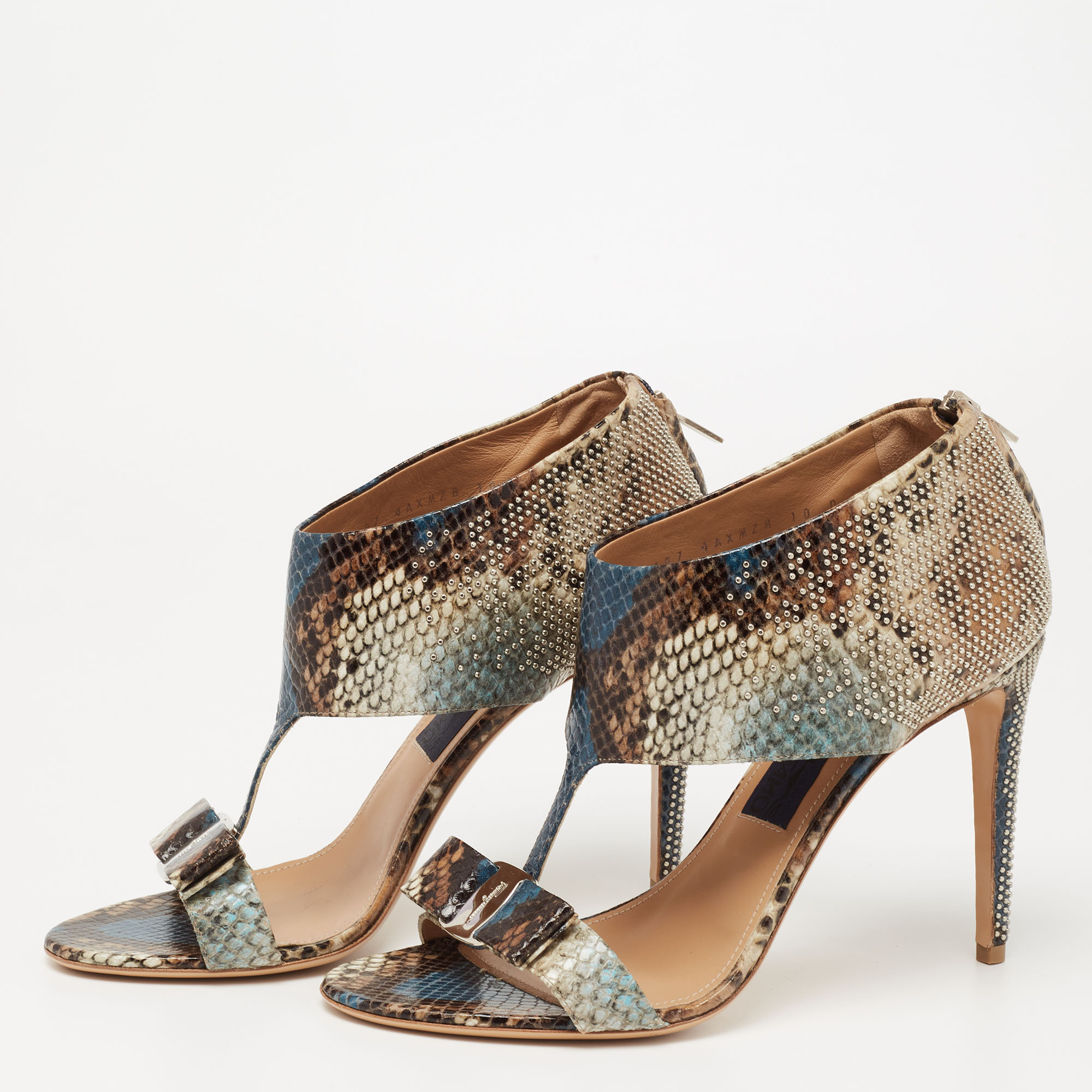 

Salvatore Ferragamo Tri-Color Python Embossed Leather Studded Pellas Vara Bow Ankle Sandals Size, Brown
