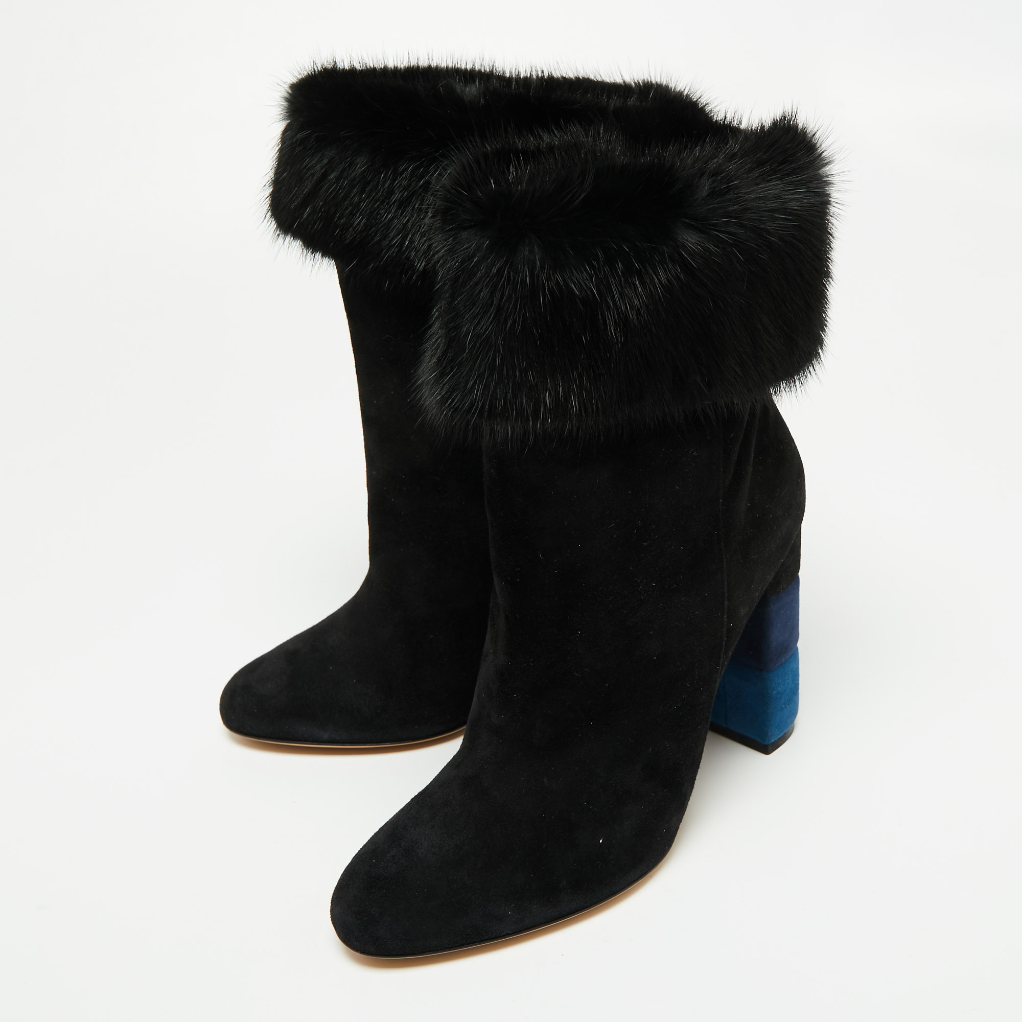 

Salvatore Ferragamo Black Suede And Fur Trim Color Block Heel Loris Ankle Boots Size