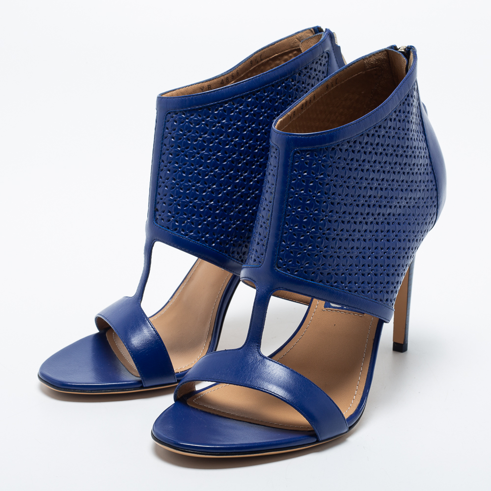 

Salvatore Ferragamo Blue Embossed Leather Pacella Open-Toe Booties Size