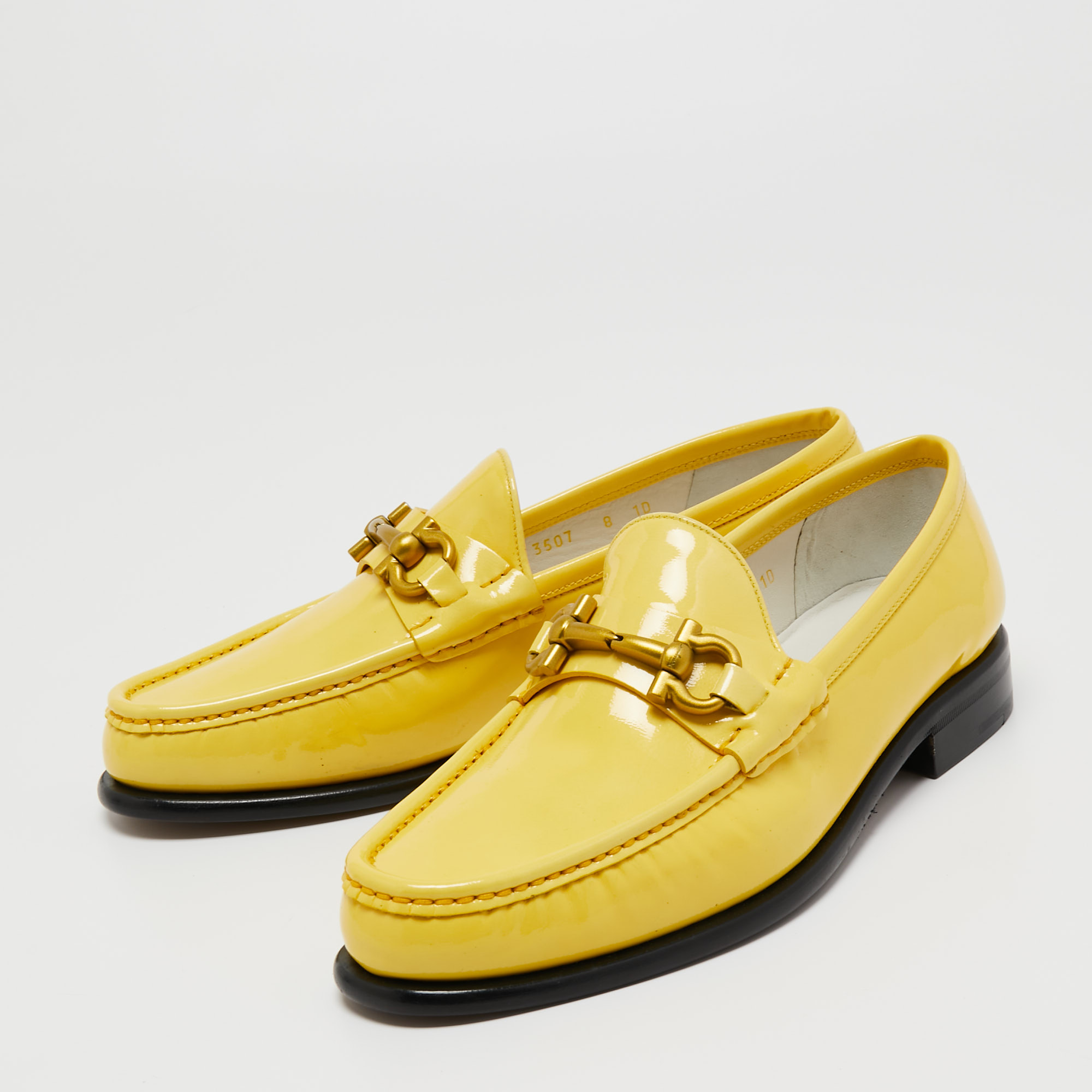 

Salvatore Ferragamo Yellow Patent Leather Mason Gancio Bit Loafers Size
