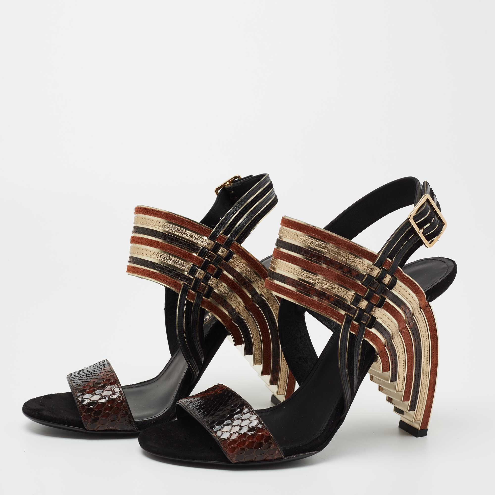 

Salvatore Ferragamo Multicolor Striped Python and Suede Lenny Geometric Sandals Size